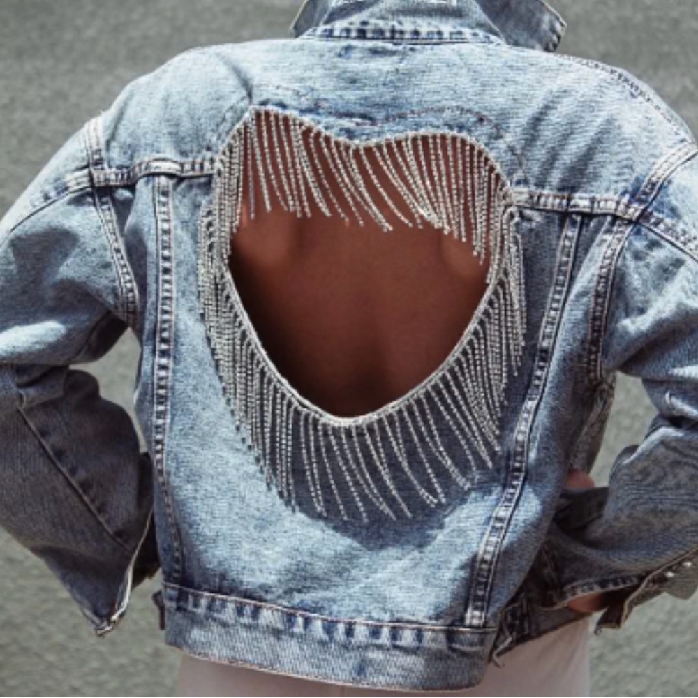 POL Black Denim Jacket with Embellished Heart Cutout Back - Picture 10 of 10